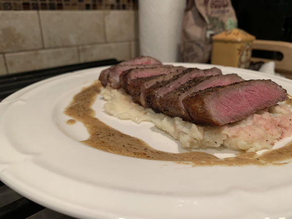 New York Strip Steak with Creamy Mashed Potatoes and a Pan Sauce